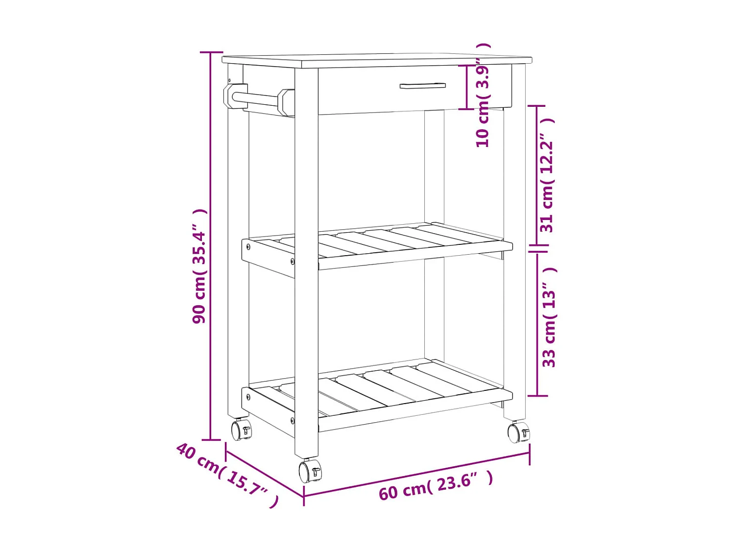 Chariot de cuisine MONZA 60x40x90 bois massif de pin
