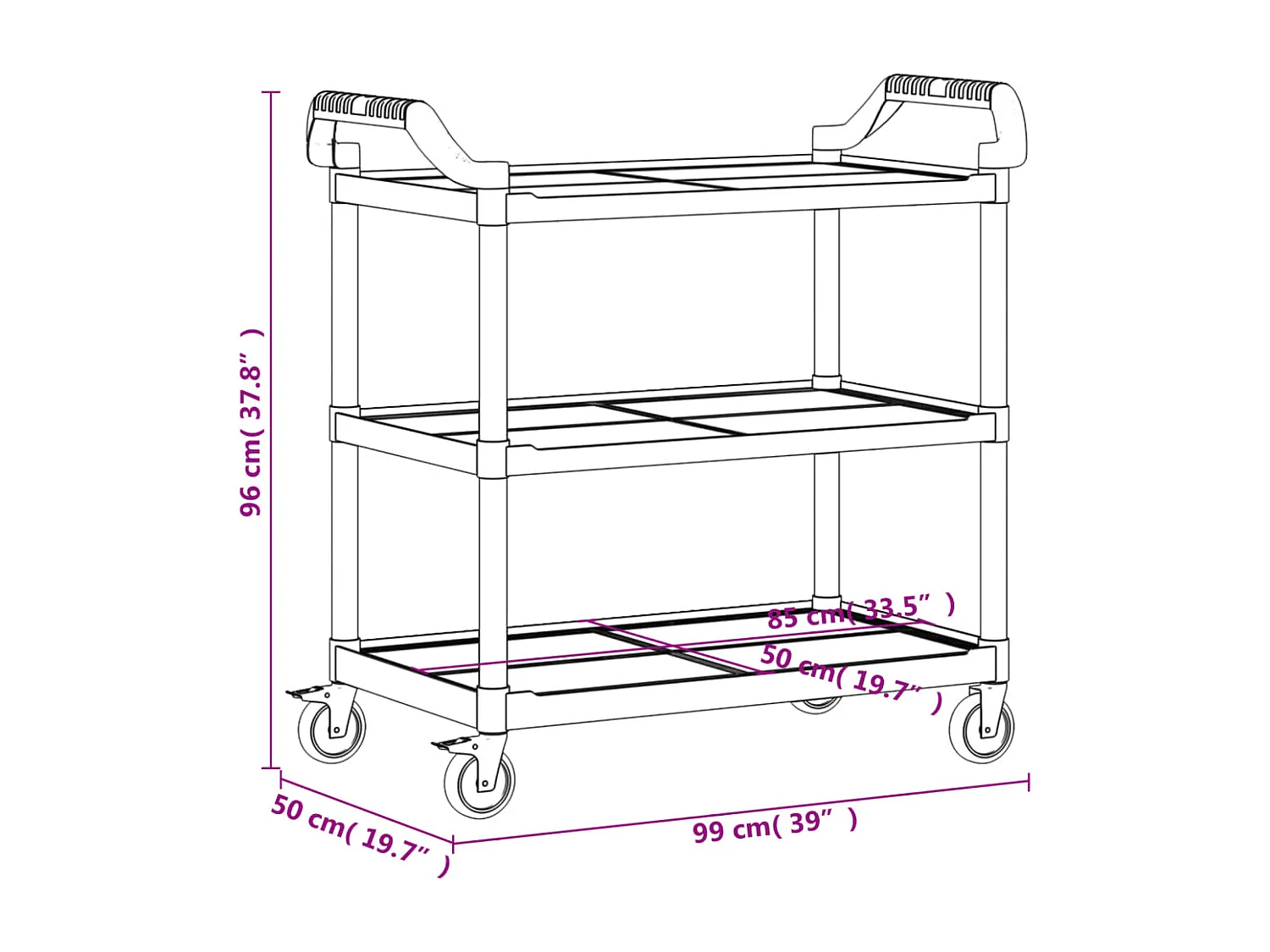Chariot à 3 niveaux noir 99x50x96 aluminium