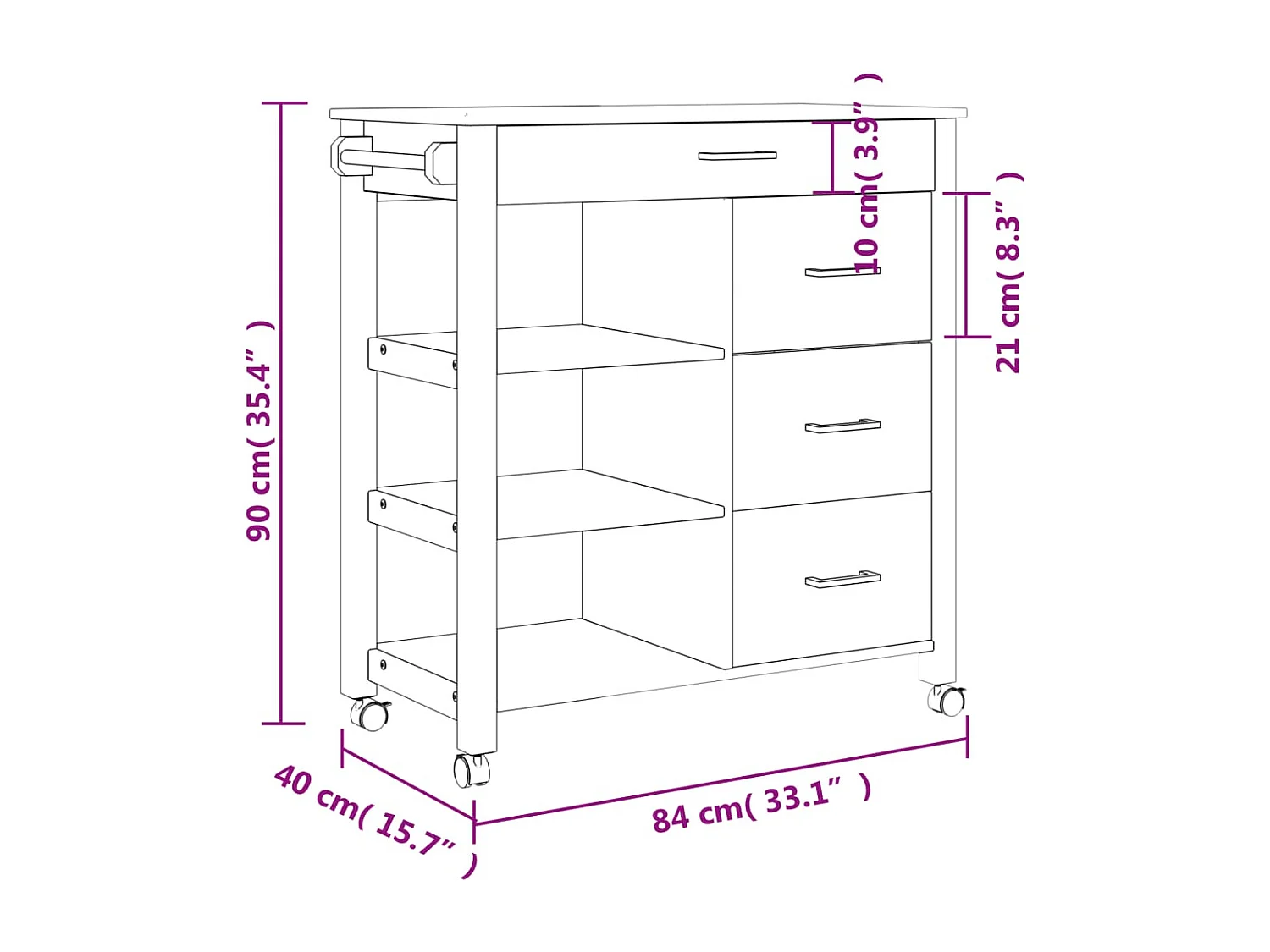 Chariot de cuisine MONZA 84x40x90 bois massif de pin
