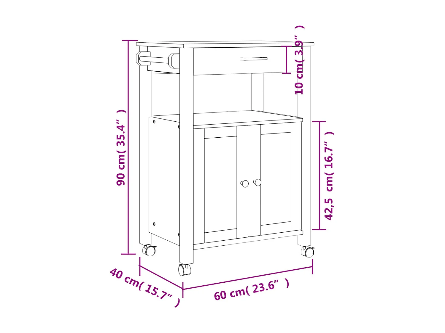Chariot de cuisine MONZA 60x40x90 bois massif de pin