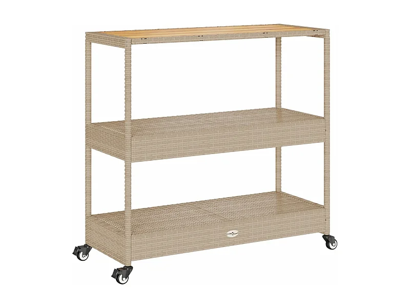 Chariot de bar 3 niveaux beige rotin et bois d'acacia massif