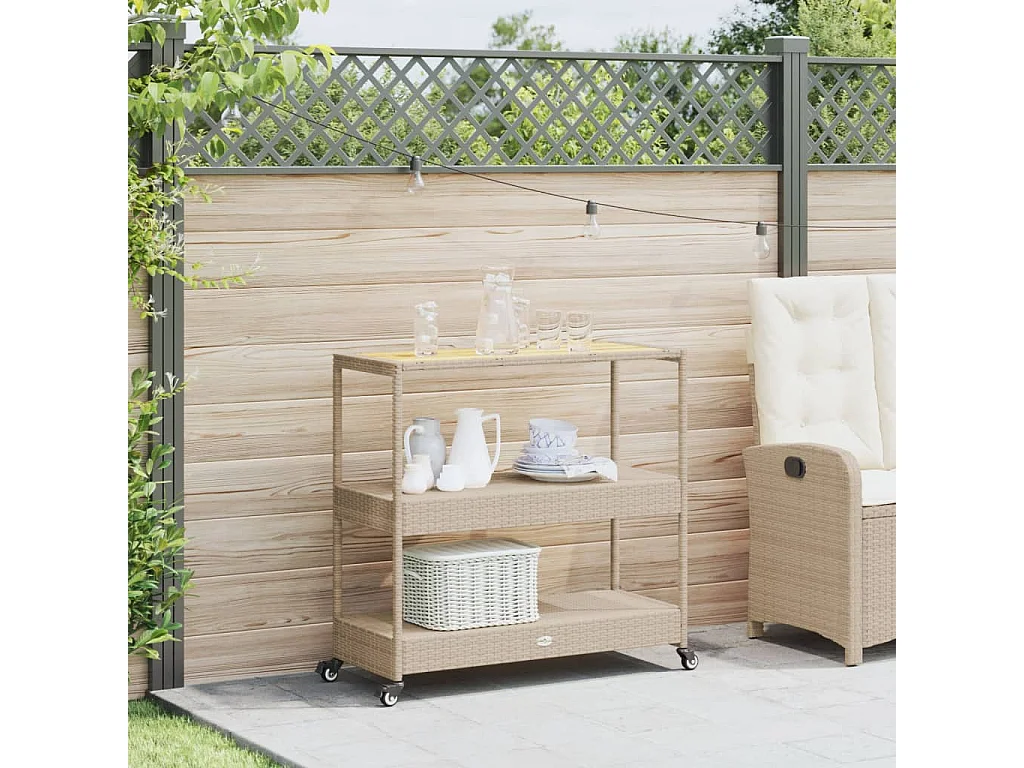 Chariot de bar 3 niveaux beige rotin et bois d'acacia massif