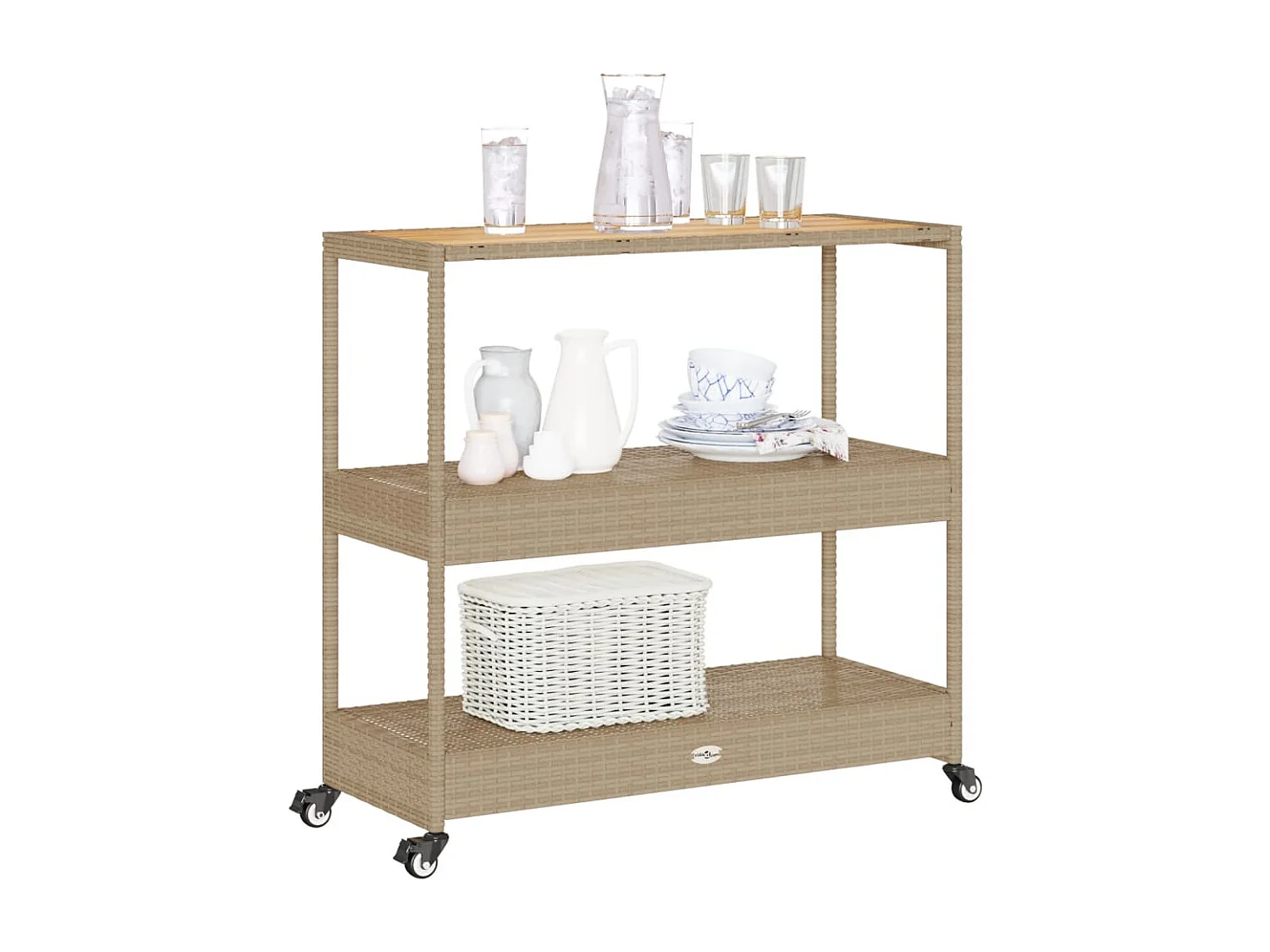Chariot de bar 3 niveaux beige rotin et bois d'acacia massif