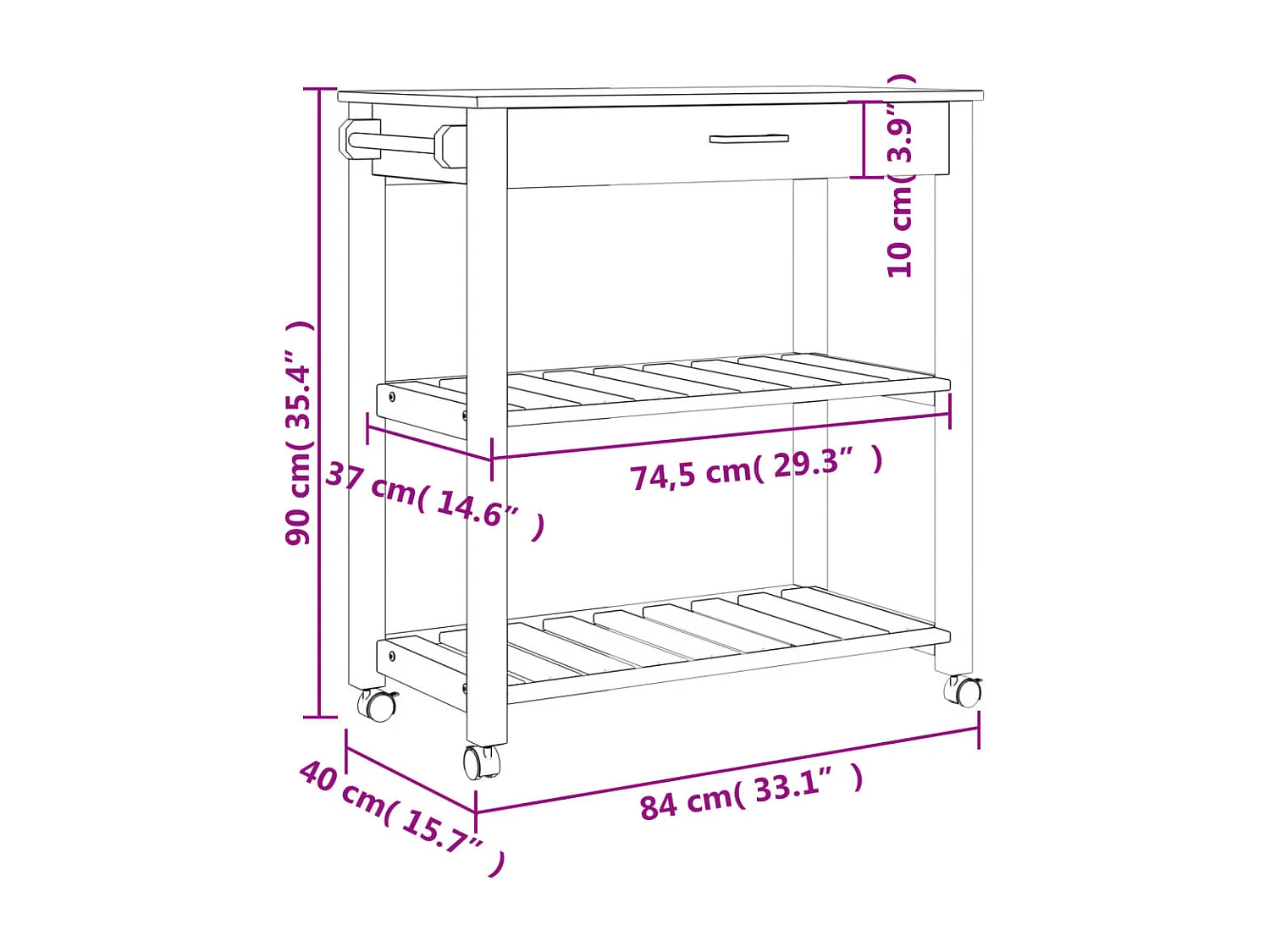 Chariot de cuisine MONZA 84x40x90 bois massif de pin