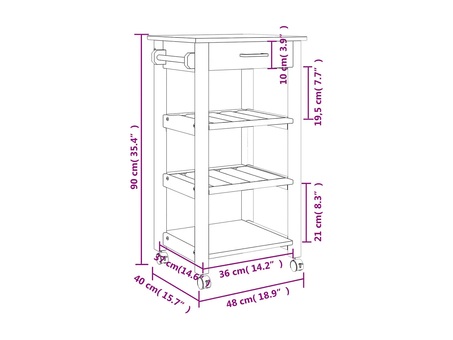 Chariot de cuisine MONZA 48x40x90 bois massif de pin