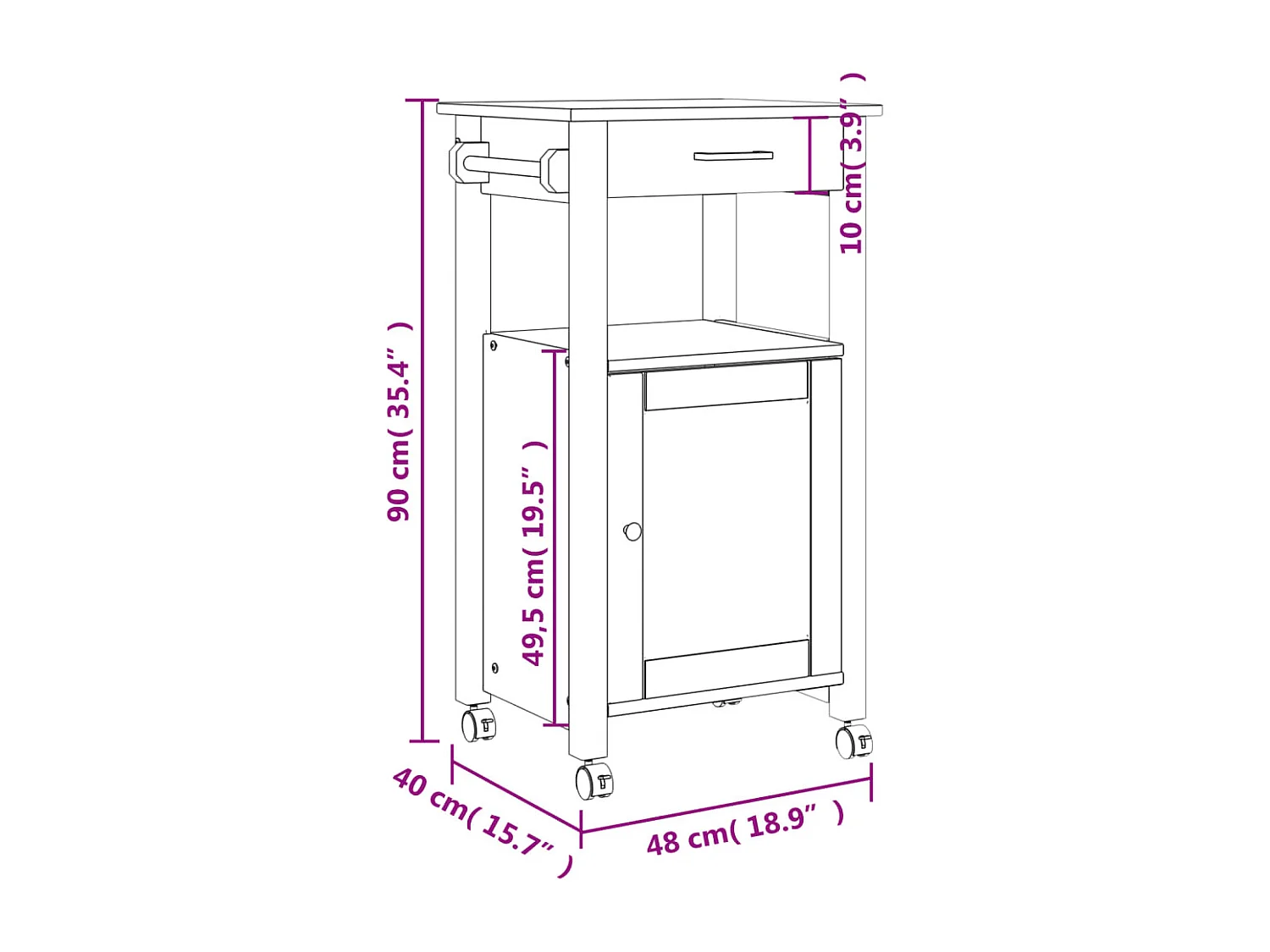 Chariot de cuisine MONZA 48x40x90 bois massif de pin