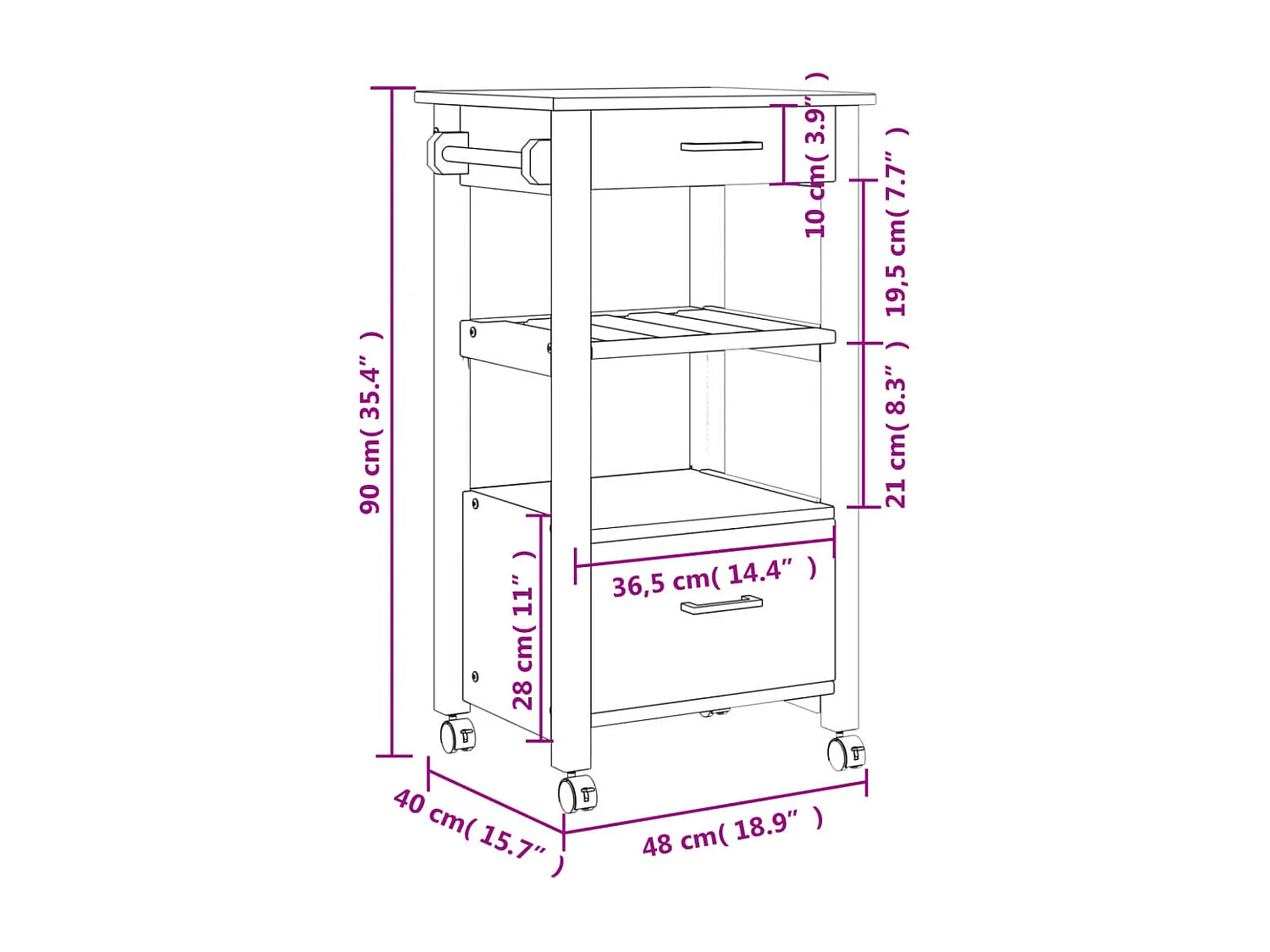 Chariot de cuisine MONZA 48x40x90 bois massif de pin