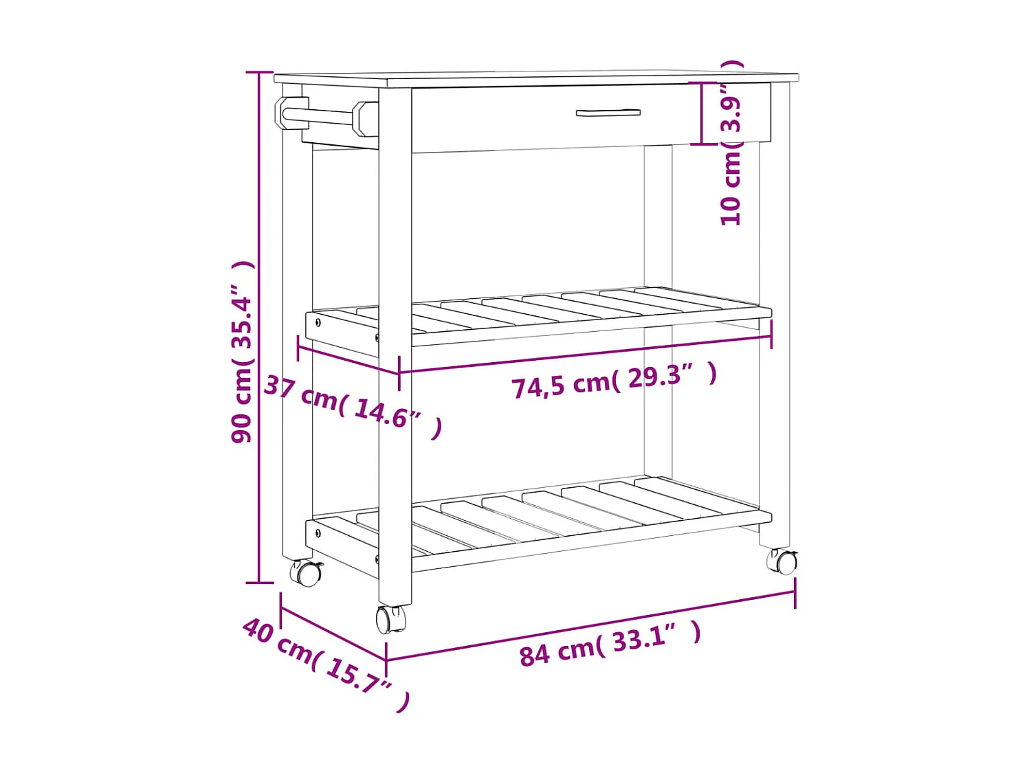 Chariot de cuisine MONZA 84x40x90 bois massif de pin