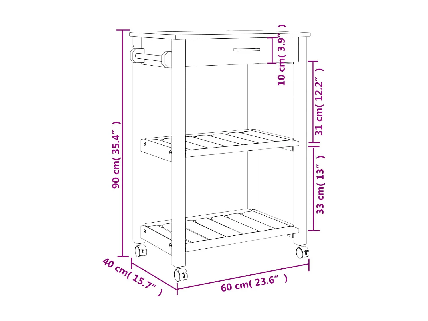 Chariot de cuisine MONZA 60x40x90 bois massif de pin