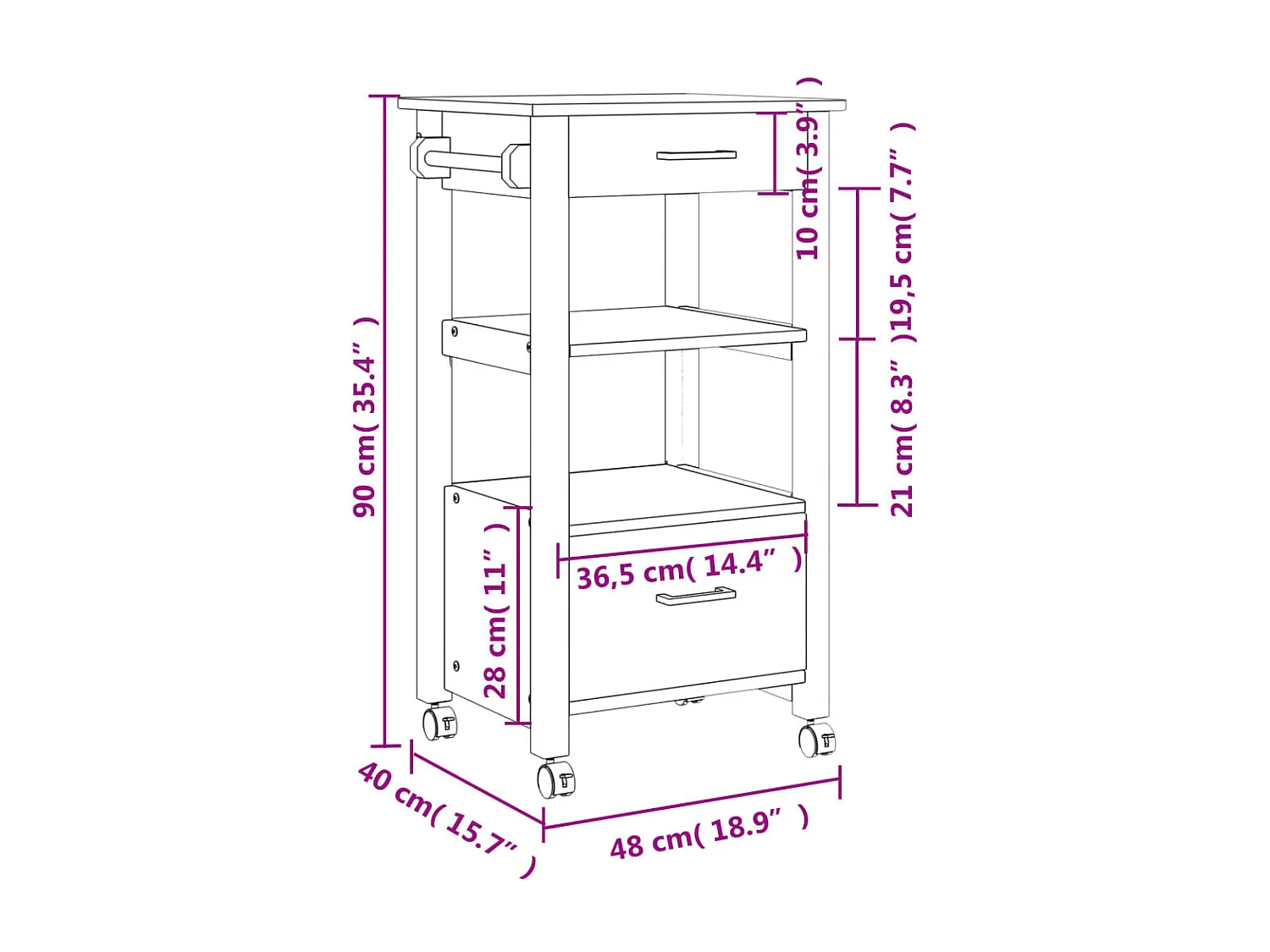 Chariot de cuisine MONZA 48x40x90 bois massif de pin