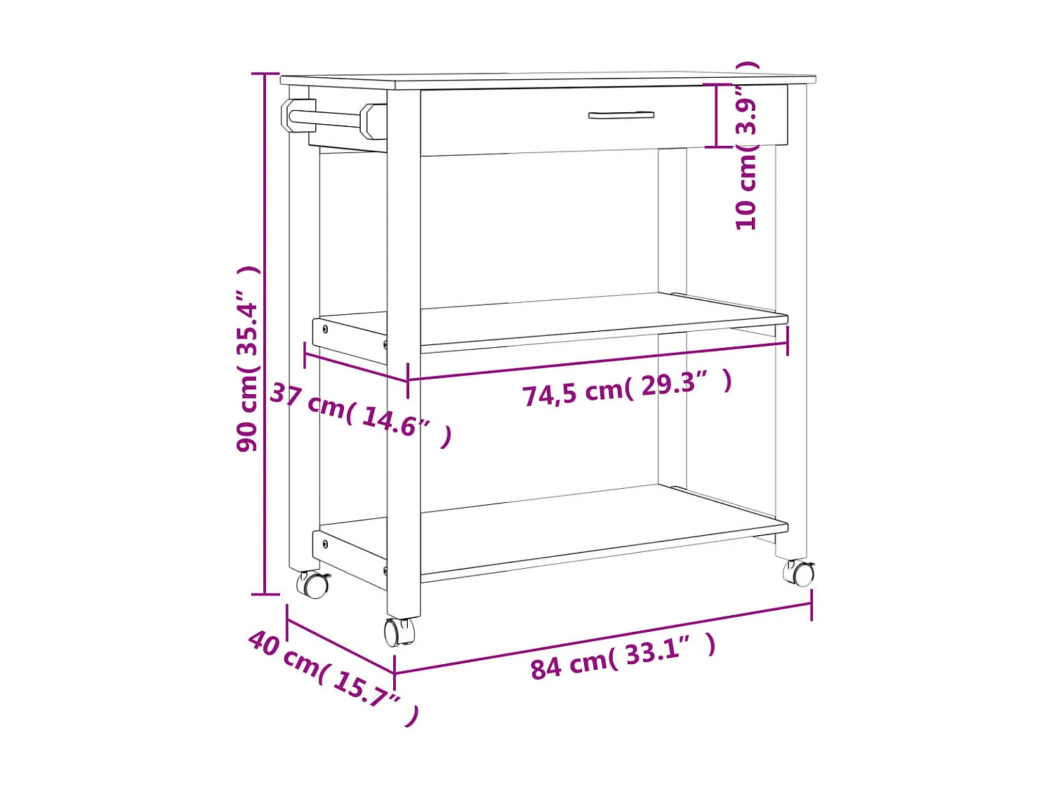 Chariot de cuisine MONZA 84x40x90 bois massif de pin