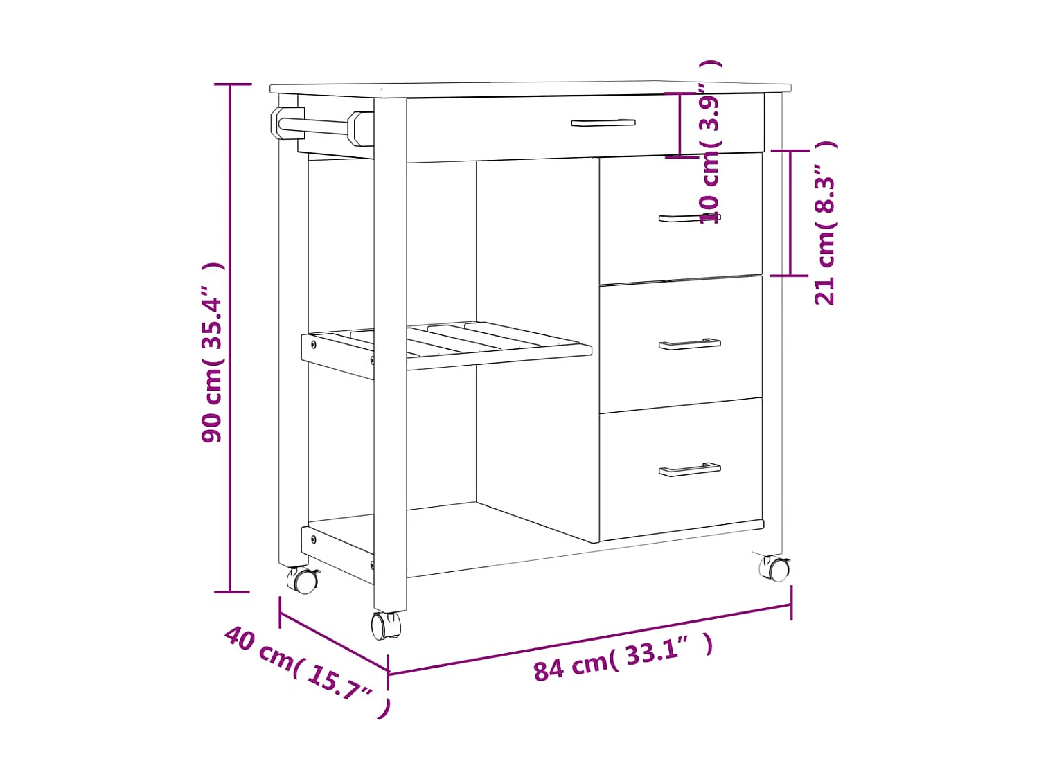 Chariot de cuisine MONZA 84x40x90 bois massif de pin
