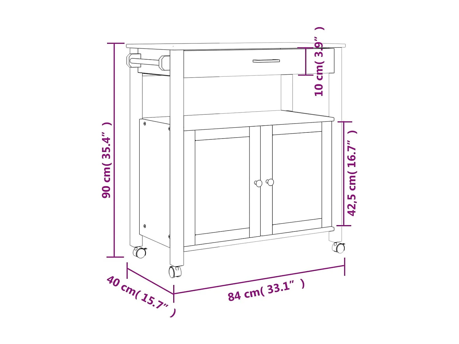 Chariot de cuisine MONZA 84x40x90 bois massif de pin