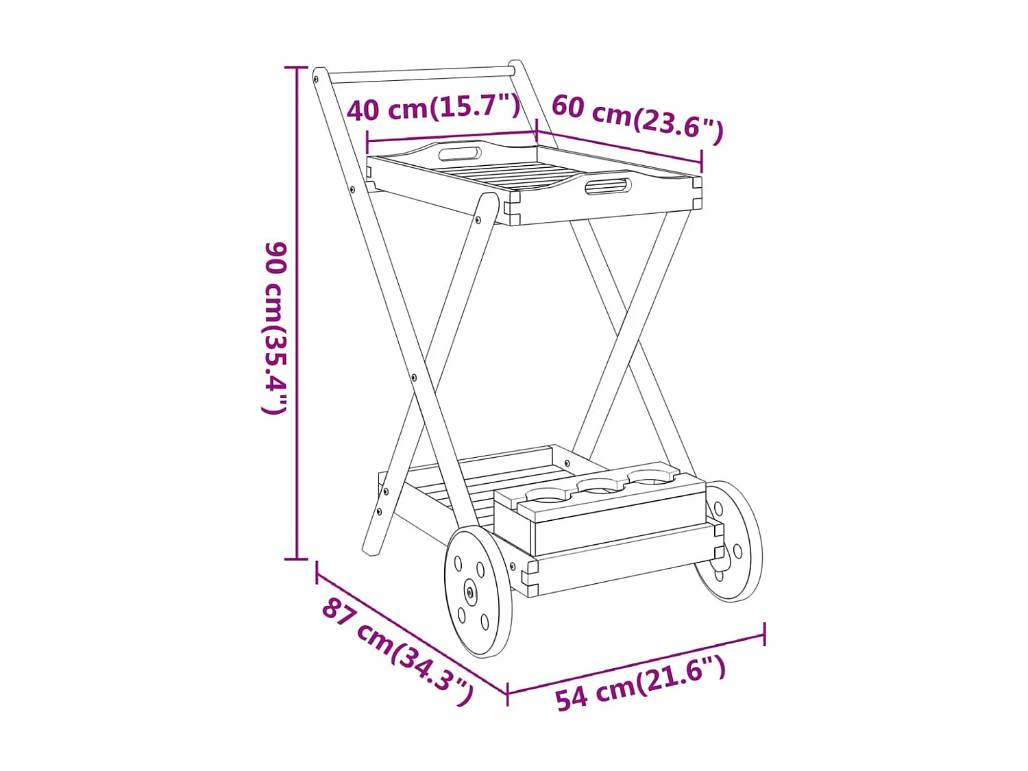 Chariot à thé 54x87x90 bois massif d'acacia