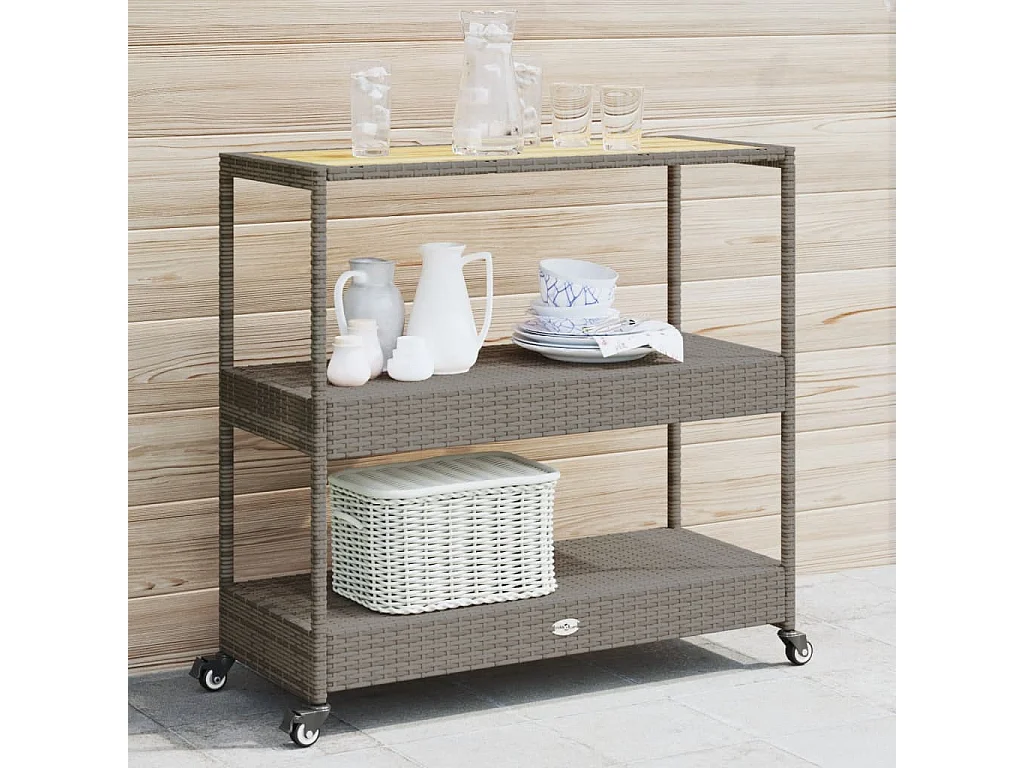Chariot de bar 3 niveaux gris rotin et bois d'acacia massif