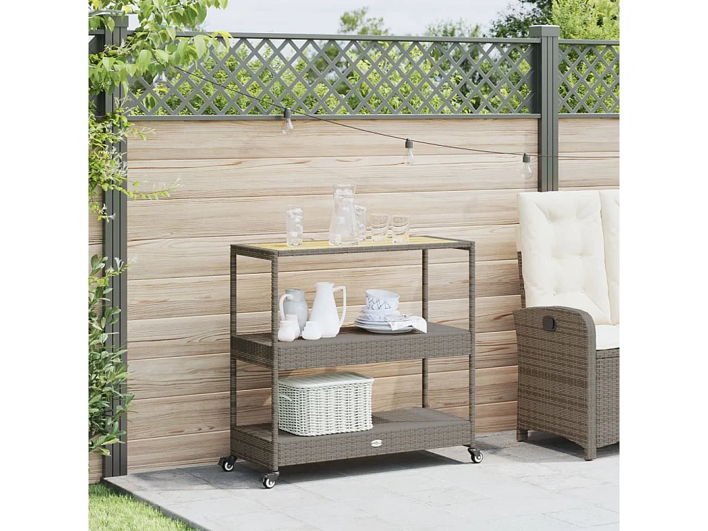 Chariot de bar 3 niveaux gris rotin et bois d'acacia massif