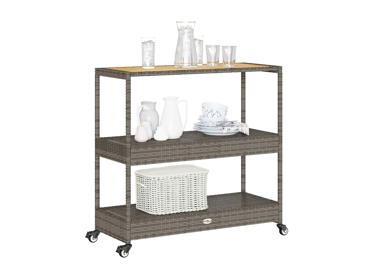 Chariot de bar 3 niveaux gris rotin et bois d'acacia massif