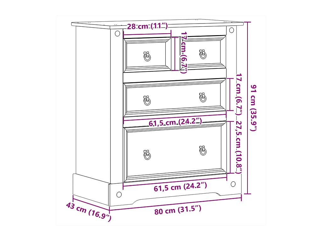 Commode Corona 80x43x91 bois massif de pin