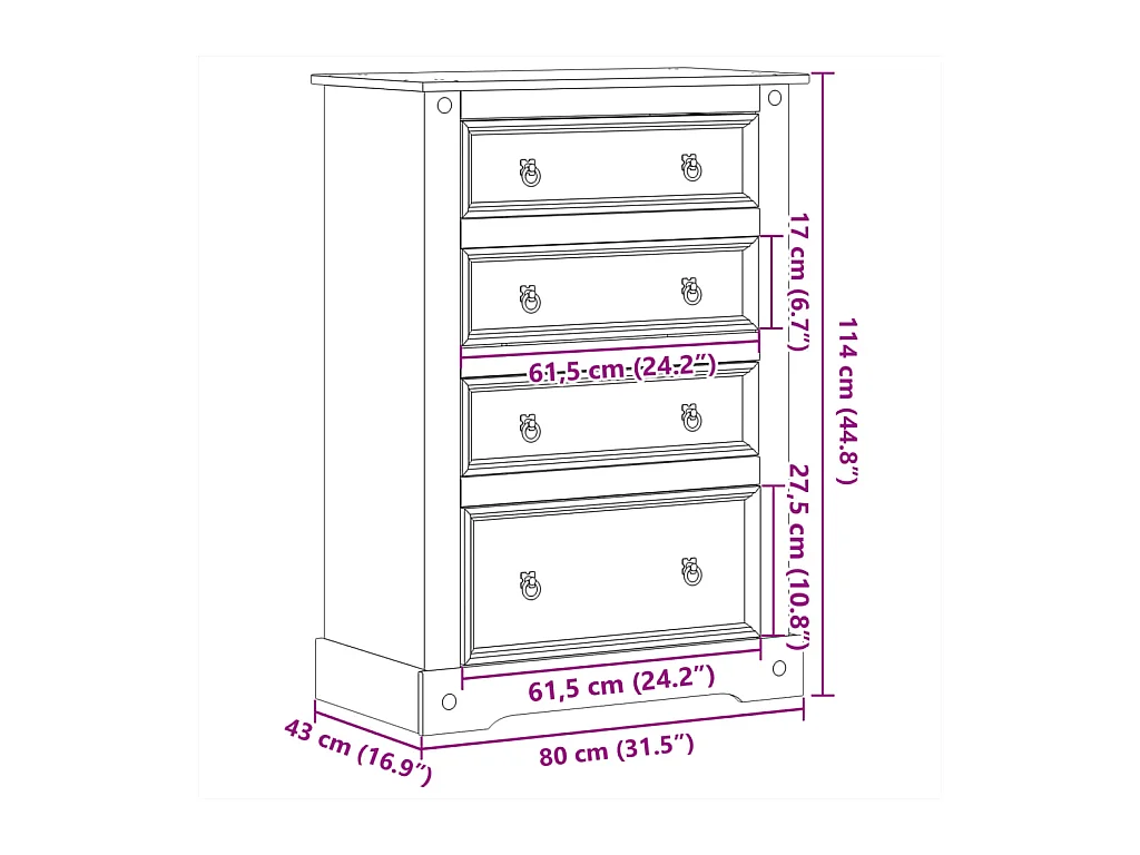 Commode Corona 80x43x114 bois massif de pin