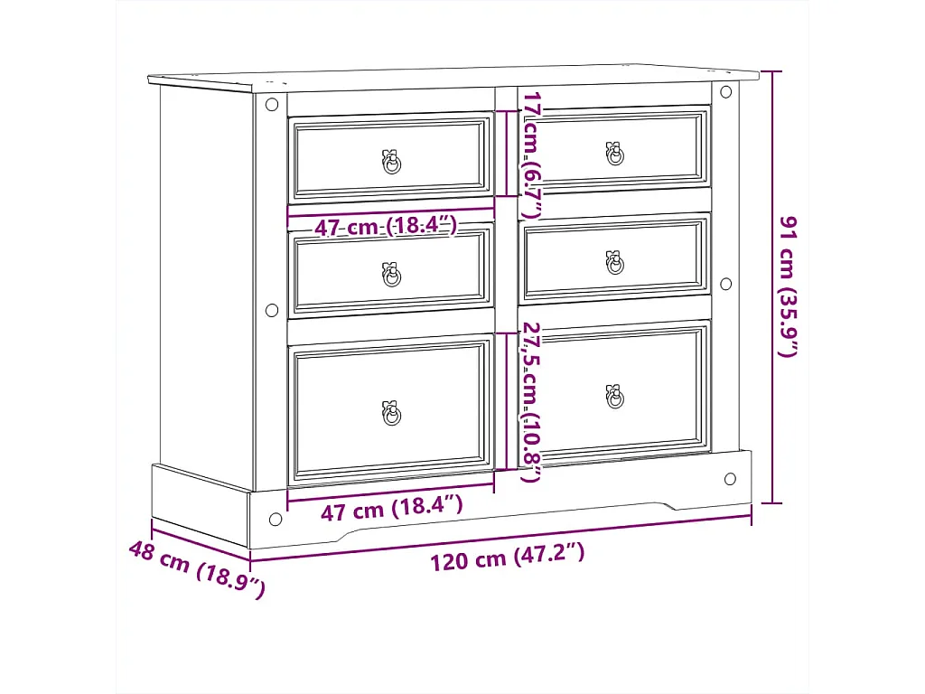 Commode Corona 120x48x91 bois massif de pin