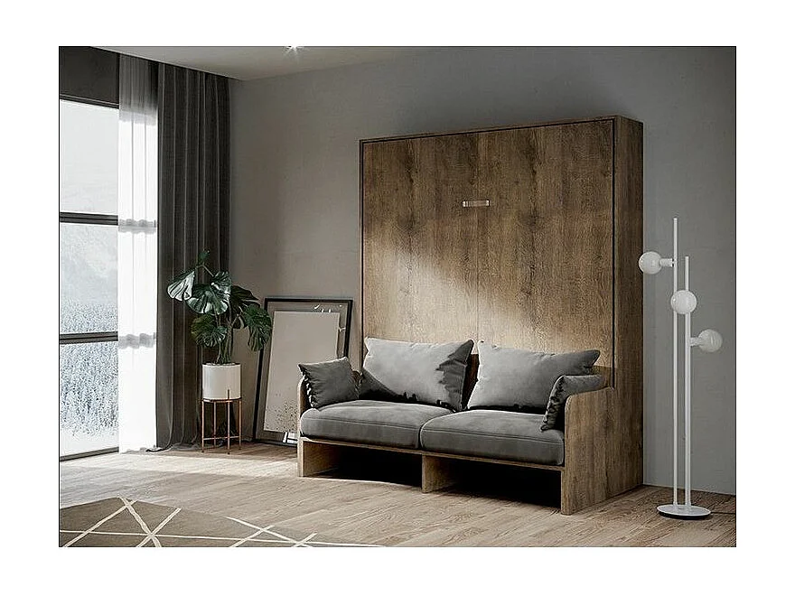 Lit escamotable vertical noyer avec canapé tissu Bounto-Couleur Microfibre 17-160x190