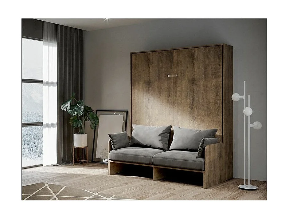 Lit escamotable vertical noyer avec canapé tissu Bounto-Couleur Microfibre 00-160x190