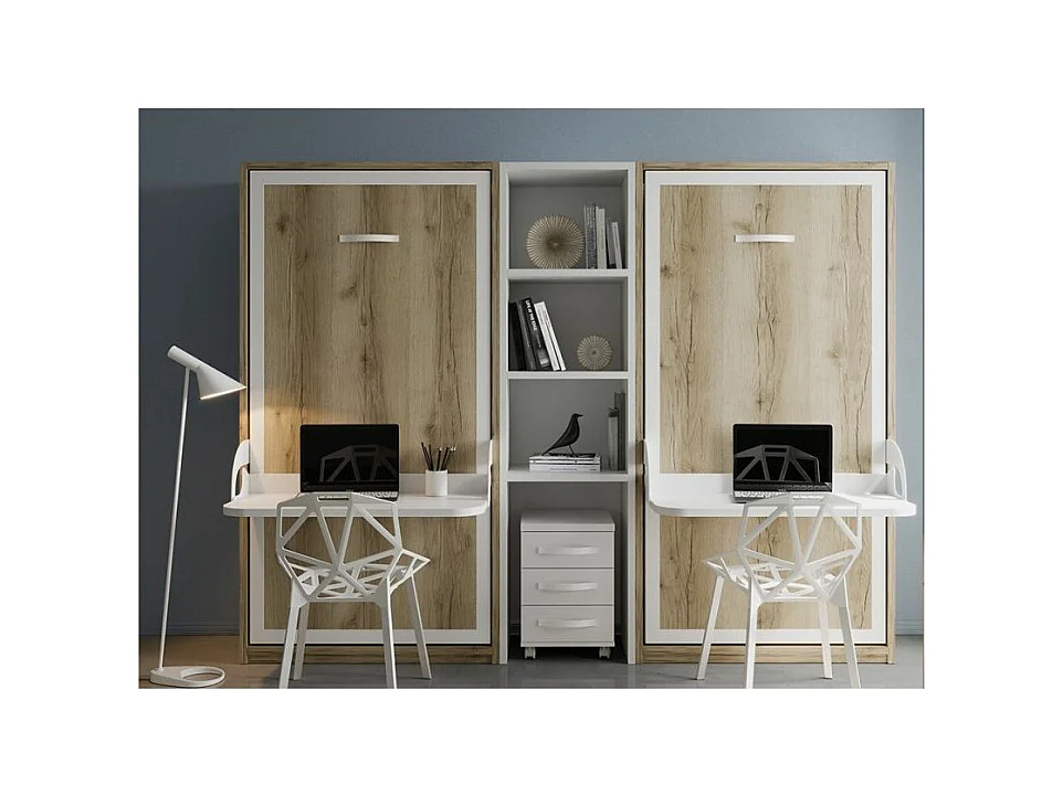 Verticaal opklapbed met bureau STUDANTE-Slapen 90x200cm-Facade Grijze eik