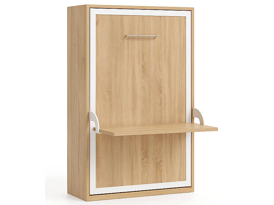 Lit escamotable vertical avec bureau STUDANTE-140x200-Façade Chêne clair