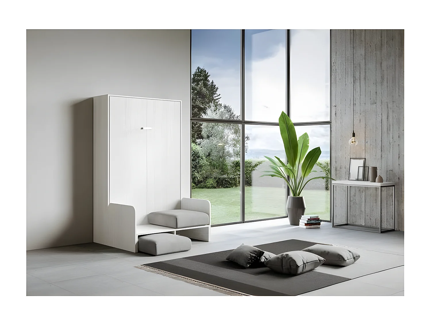 Cama abatible vertical blanca con sofá de tela Bounto 160x190 cm - 32 colores de tela-Sofá 05