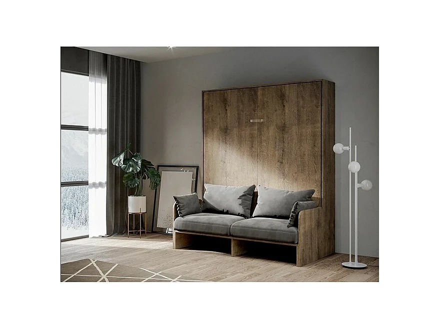 Lit escamotable vertical noyer avec canapé tissu Bounto-Couleur Microfibre 41-160x190