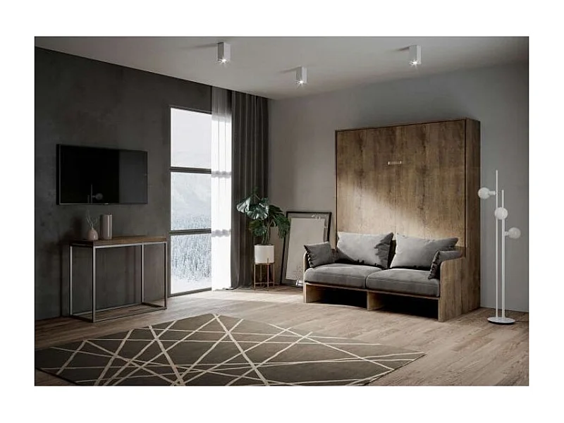 Lit escamotable vertical noyer avec canapé tissu Bounto-Couleur Microfibre 03-160x190