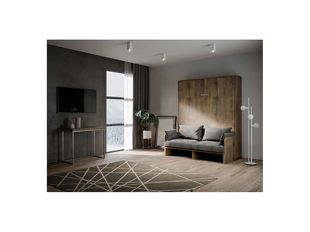 Lit escamotable vertical noyer avec canapé tissu Bounto-Couleur Microfibre 03-160x190