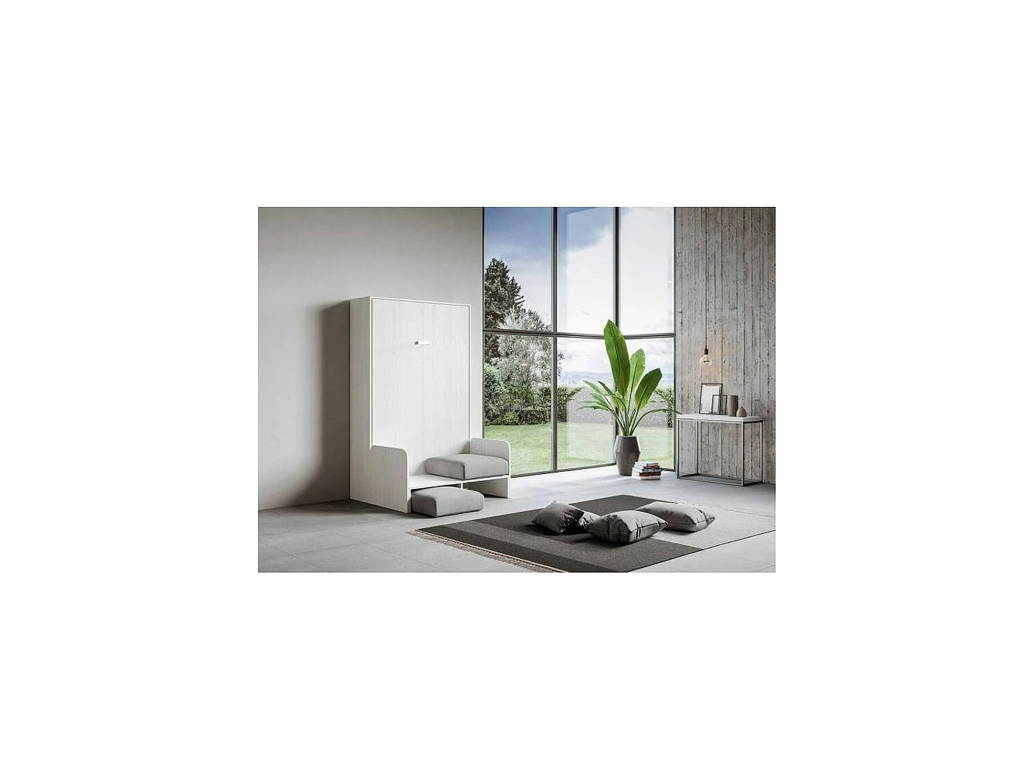 Cama abatible vertical blanca con sofá de tela Bounto 160x190 cm - 32 colores de tela-Sofá 10