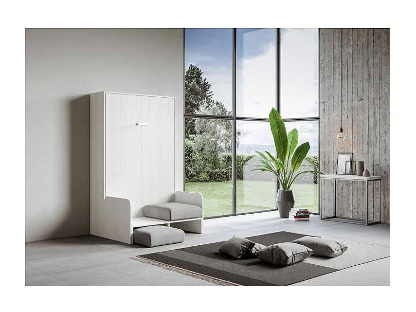 Lit escamotable vertical blanc avec canapé tissu Bounto 160x190 de tissu-Canapé 00