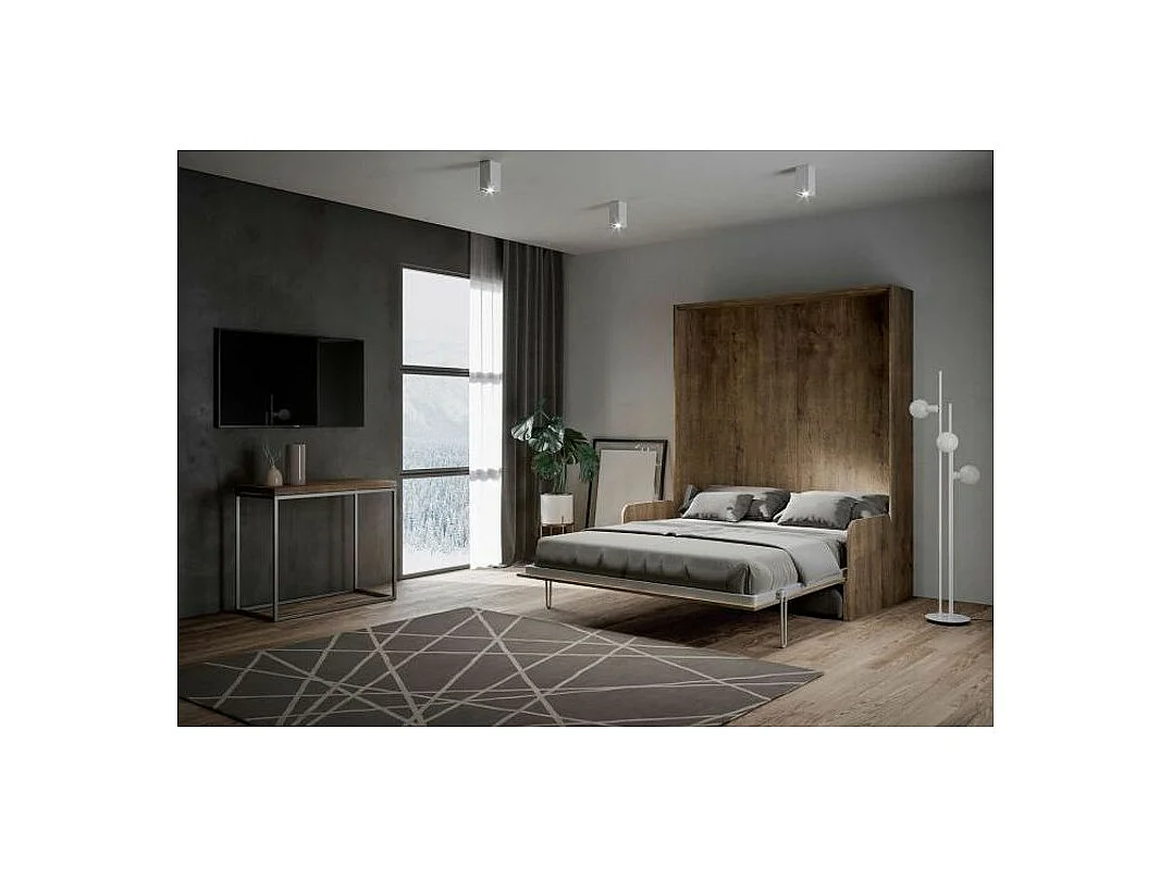 Lit escamotable vertical noyer avec canapé tissu Bounto-Couleur Microfibre 09-160x190