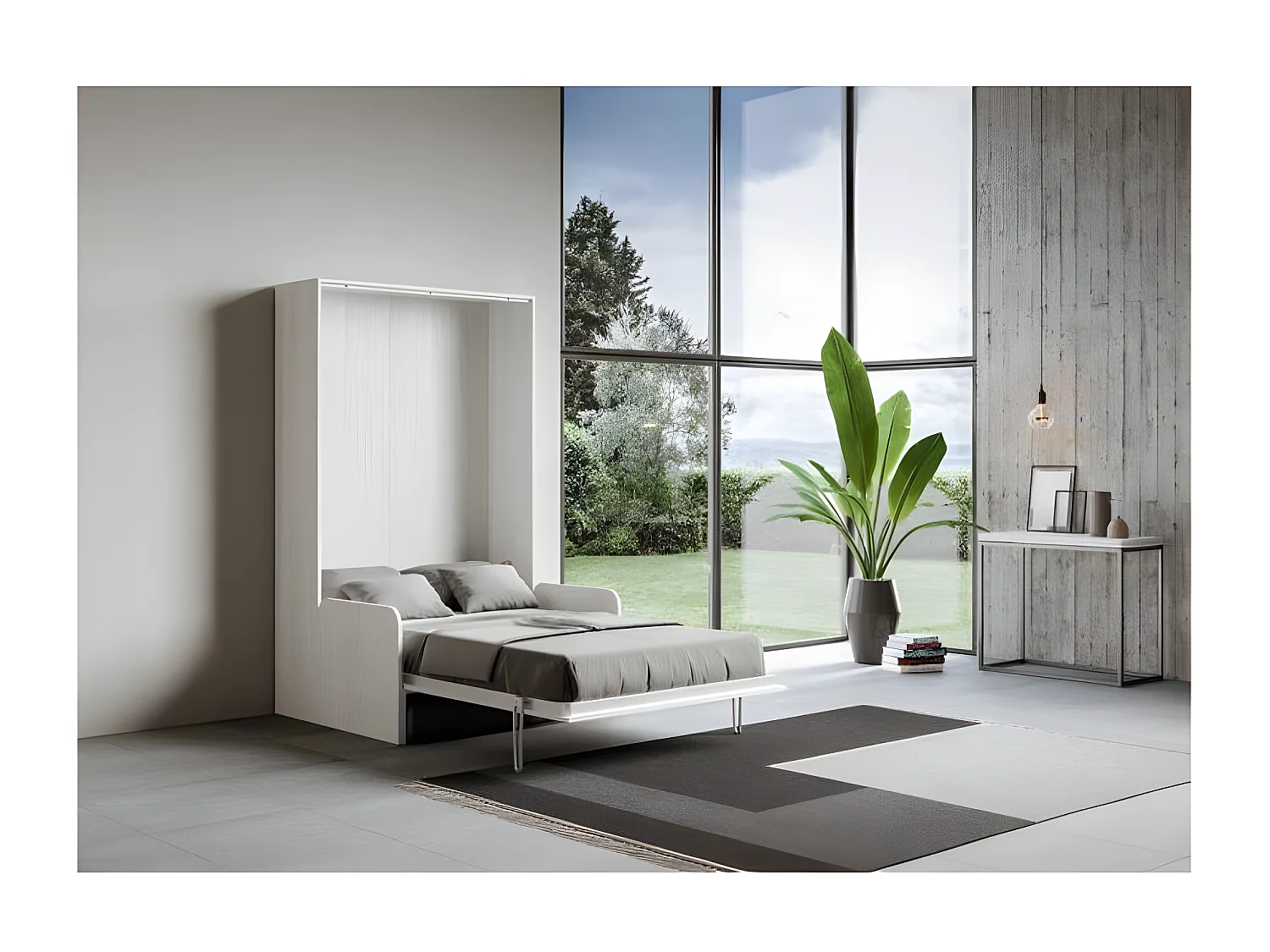 Cama abatible vertical blanca con sofá de tela Bounto 160x190 cm - 32 colores de tela-Sofá 17