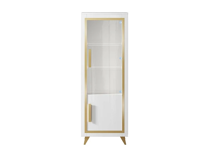 JEMMA - Vitrine 1 Porte Droite Laquée Blanc et Décor Doré avec Leds