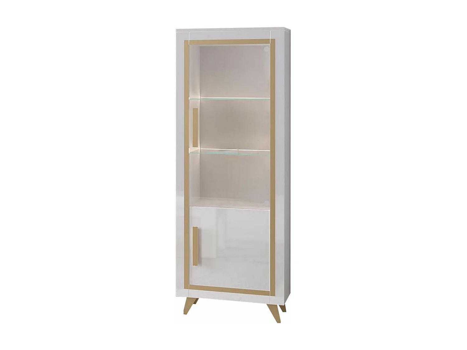 JEMMA - Vitrine 1 Porte Droite Laquée Blanc et Décor Doré avec Leds