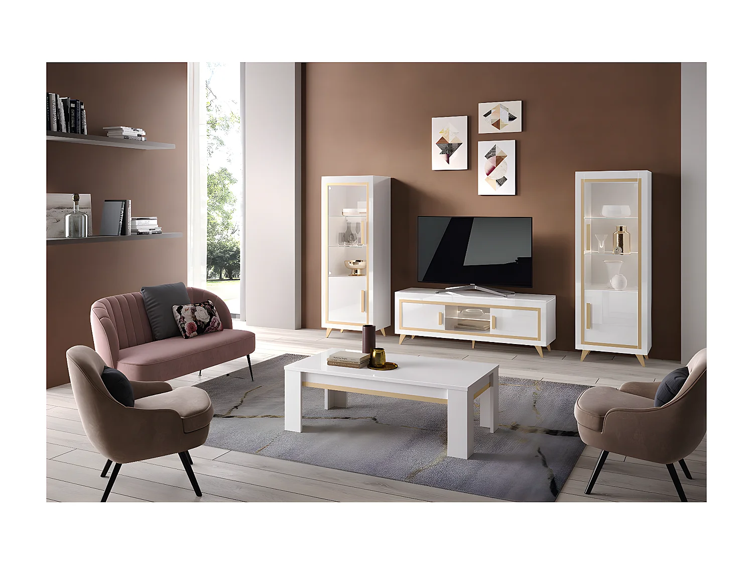 JEMMA - Vitrine 1 Porte Droite Laquée Blanc et Décor Doré avec Leds