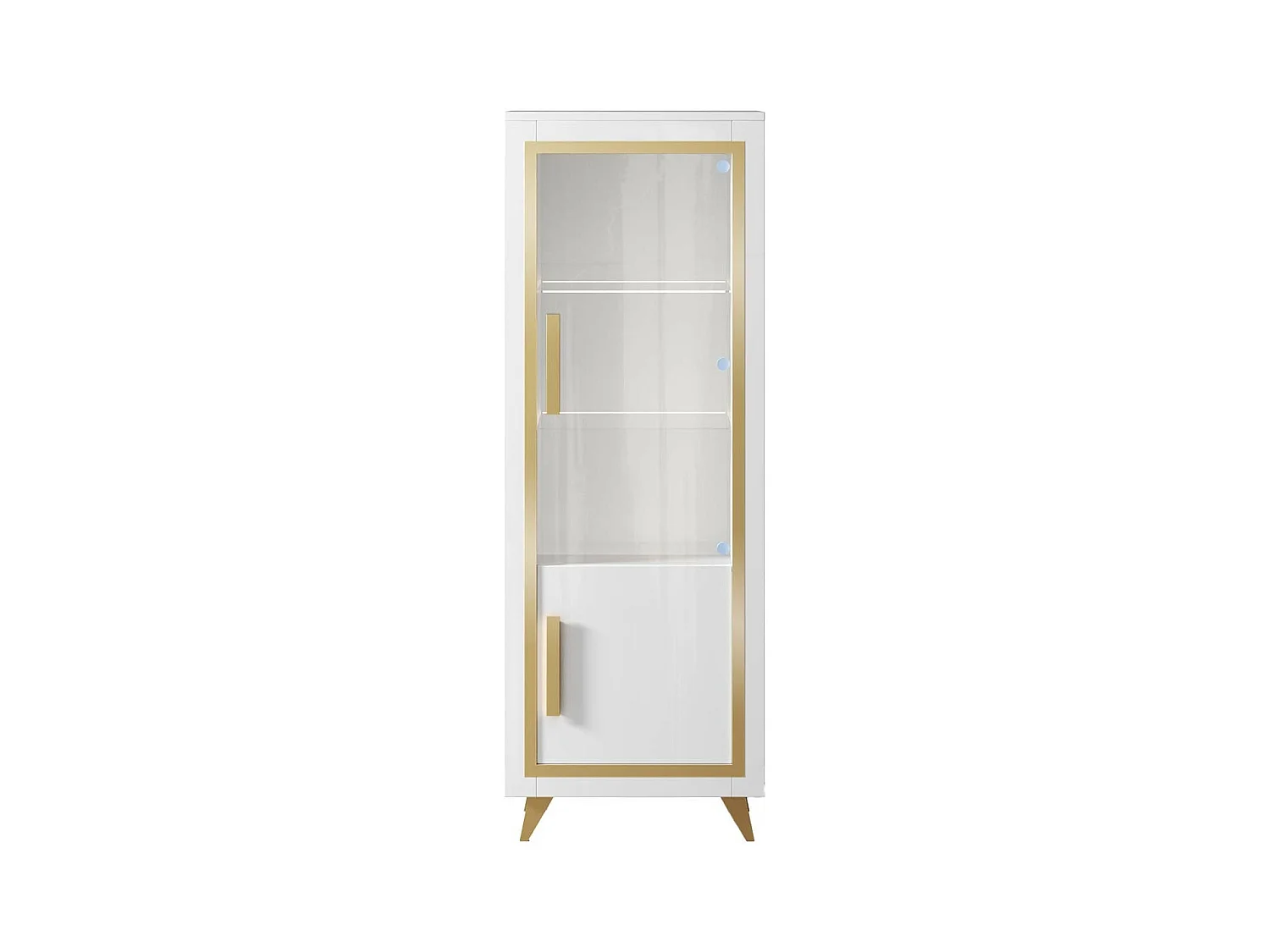 JEMMA - Vitrine 1 Porte Droite Laquée Blanc et Décor Doré avec Leds