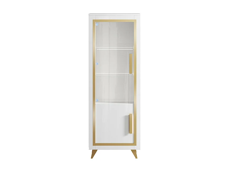 JEMMA - Vitrine 1 Porte Gauche Laquée Blanc et Décor Doré avec Leds