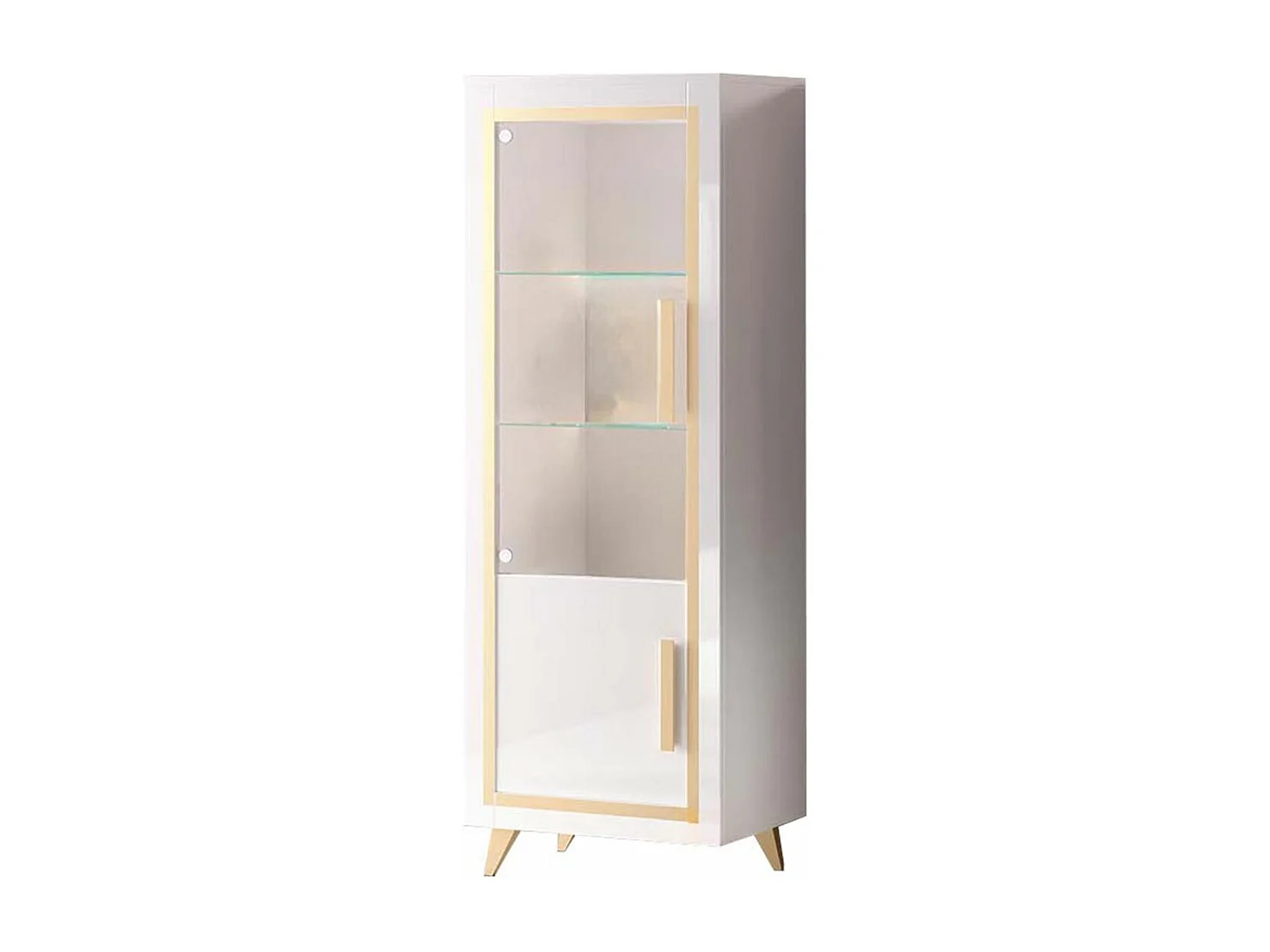 JEMMA - Vitrine 1 Porte Gauche Laquée Blanc et Décor Doré avec Leds