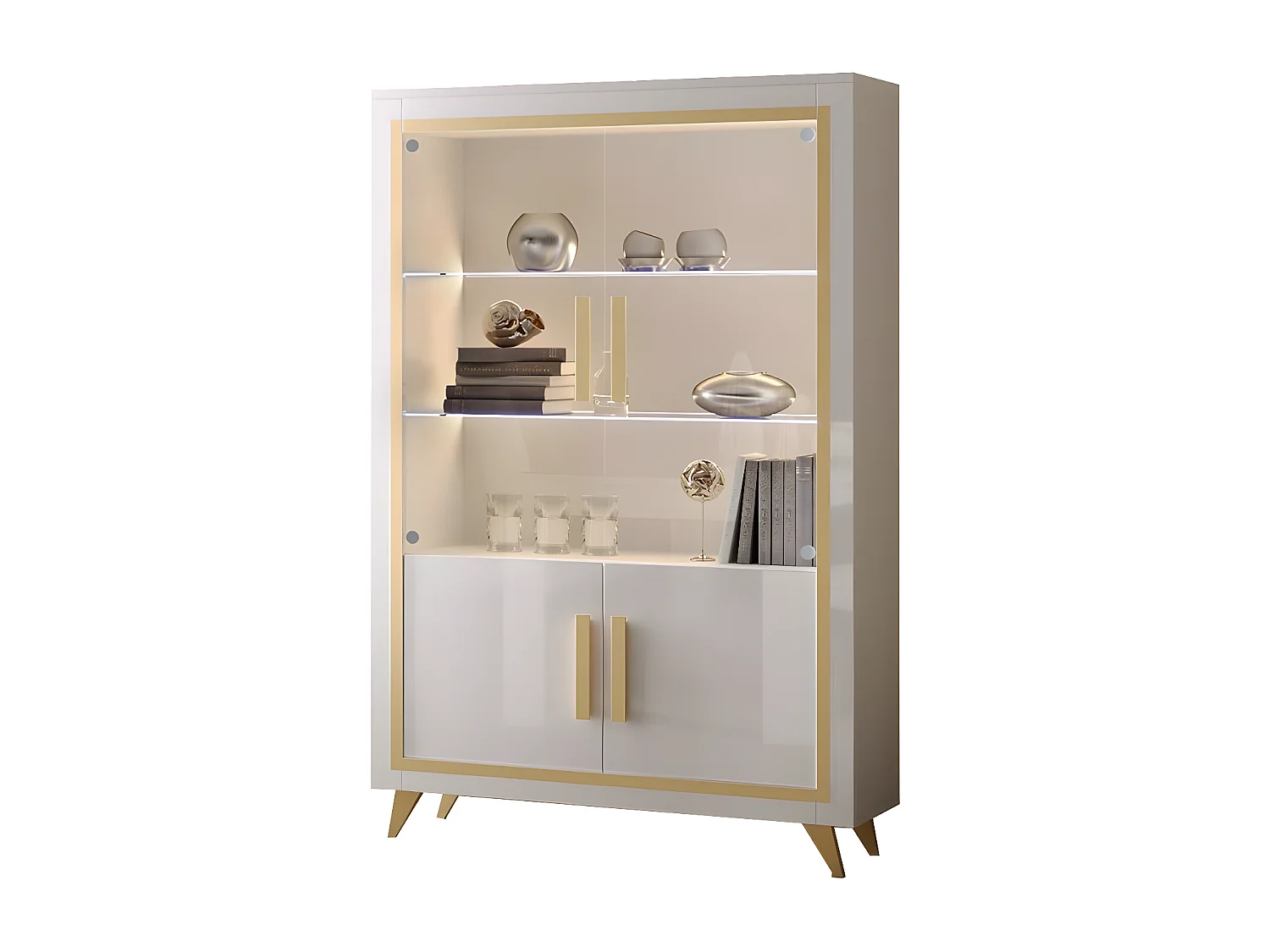 JEMMA - Vitrine 2 Portes Laquée Blanc et Décor Doré avec Leds