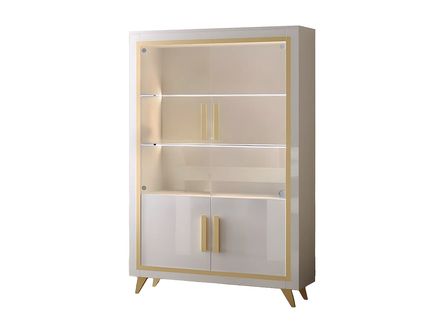 JEMMA - Vitrine 2 Portes Laquée Blanc et Décor Doré avec Leds