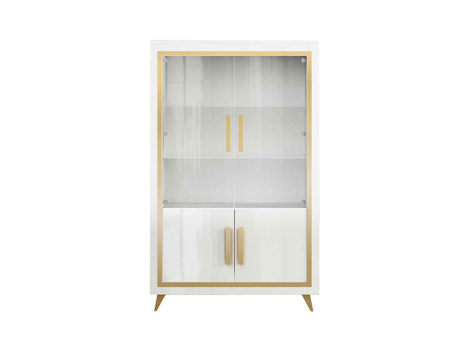 JEMMA - Vitrine 2 Portes Laquée Blanc et Décor Doré avec Leds