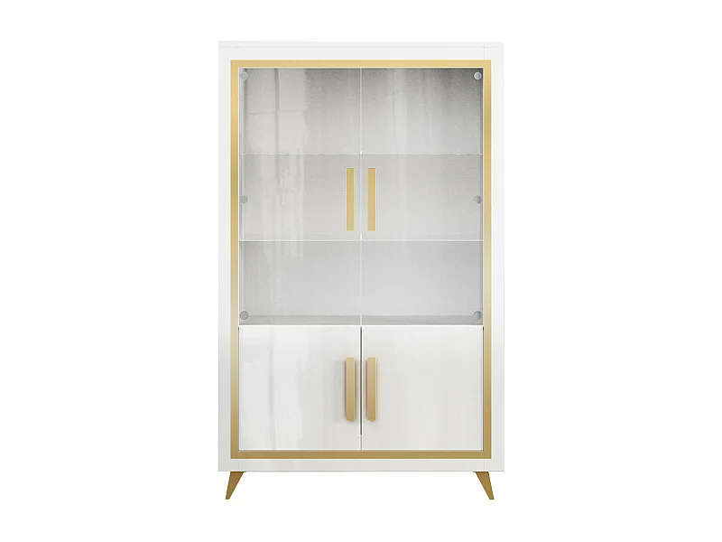 JEMMA - Vitrine 2 Portes Laquée Blanc et Décor Doré avec Leds