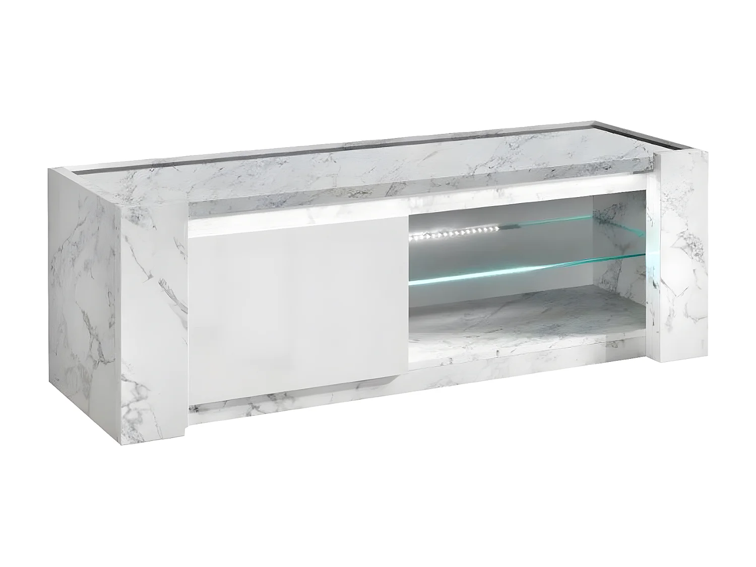 PRAVA - Meuble TV 1 Porte 150cm Laqué Blanc et Effet Marbre avec Leds
