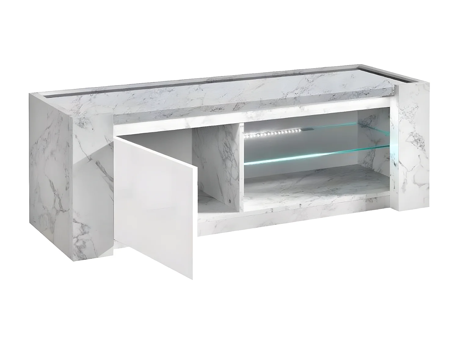 PRAVA - Meuble TV 1 Porte 150cm Laqué Blanc et Effet Marbre avec Leds