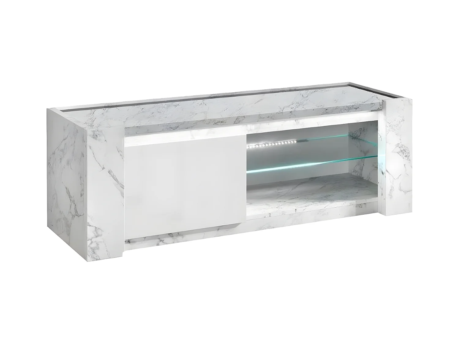 PRAVA - Meuble TV 1 Porte 150cm Laqué Blanc et Effet Marbre avec Leds