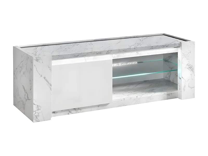 PRAVA - Meuble TV 1 Porte 150cm Laqué Blanc et Effet Marbre avec Leds